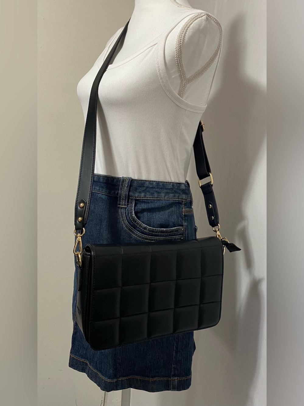 Unica! Firenze Black Quilted Crossbody Bag with Gold Hardware  Genuine Leather